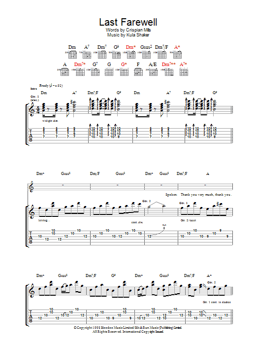 Download Kula Shaker Last Farewell Sheet Music and learn how to play Lyrics & Chords PDF digital score in minutes