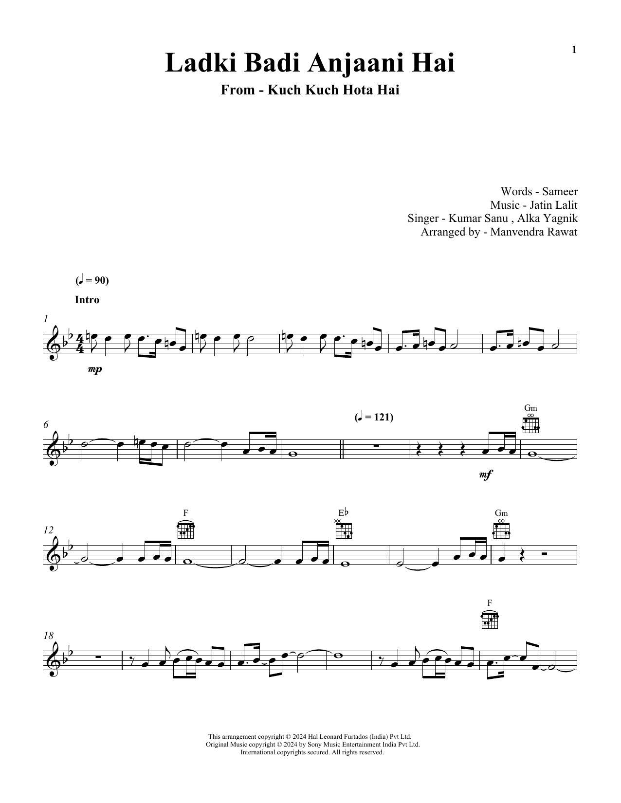 Download Kumar Sanu & Alka Yagnik Ladki Badi Anjaani Hai (from Kuch Kuch Hota Hai) Sheet Music and learn how to play Lead Sheet / Fake Book PDF digital score in minutes