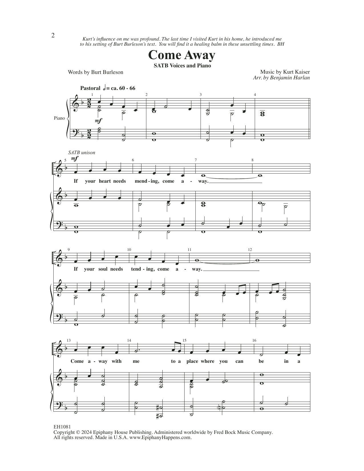 Download Kurt Kaiser Come Away (arr. Benjamin Harlan) Sheet Music and learn how to play SATB Choir PDF digital score in minutes