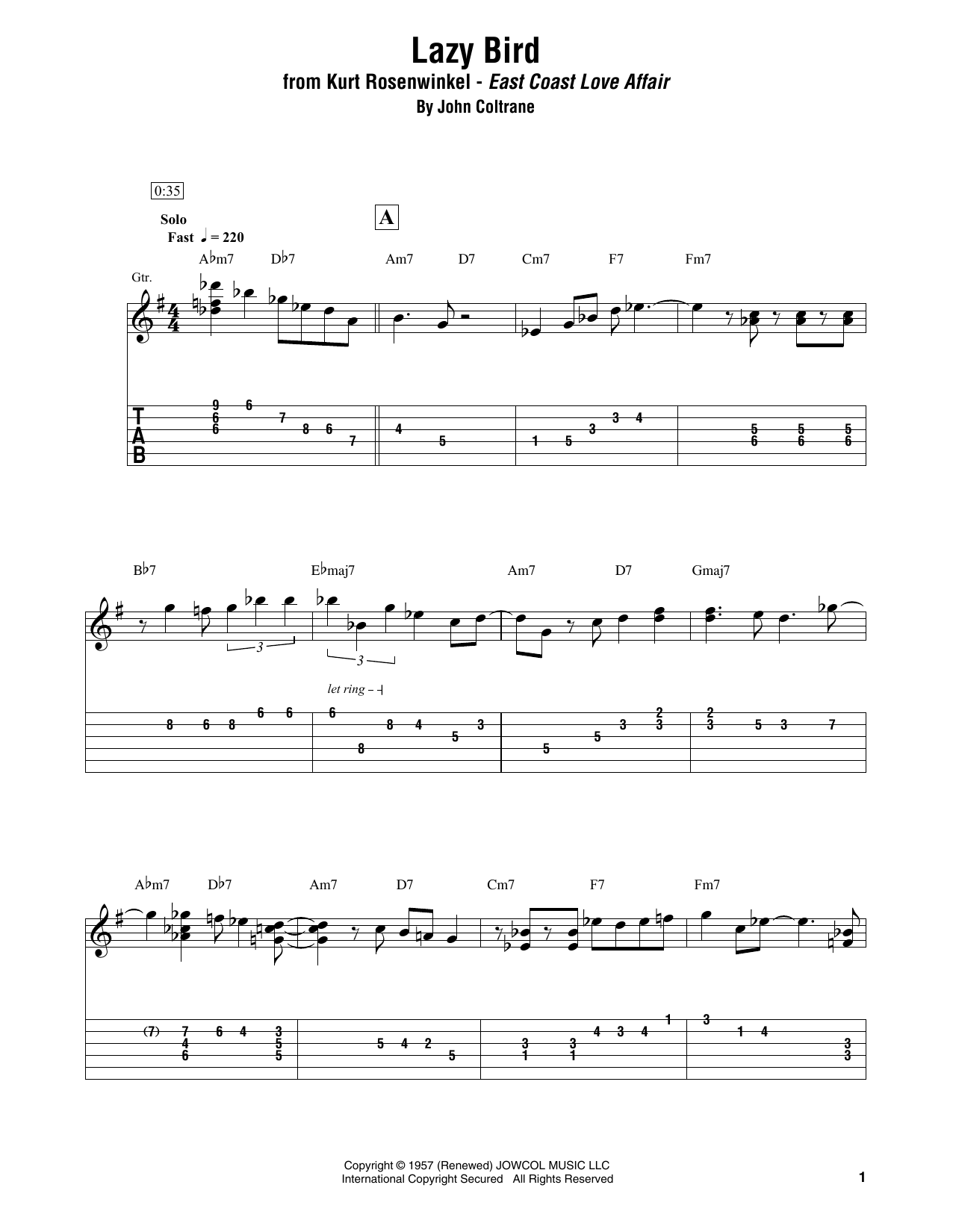 Download Kurt Rosenwinkel Lazy Bird Sheet Music and learn how to play Electric Guitar Transcription PDF digital score in minutes