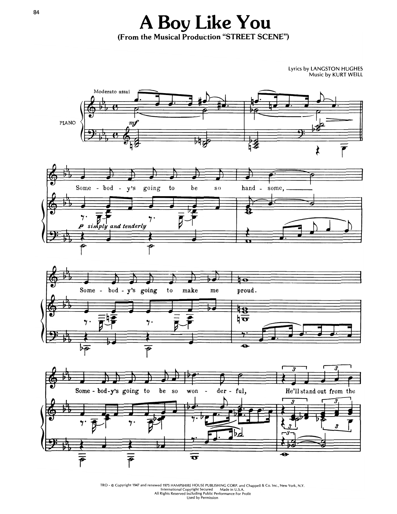 Download Kurt Weill A Boy Like You (from Street Scene) Sheet Music and learn how to play Piano, Vocal & Guitar Chords (Right-Hand Melody) PDF digital score in minutes