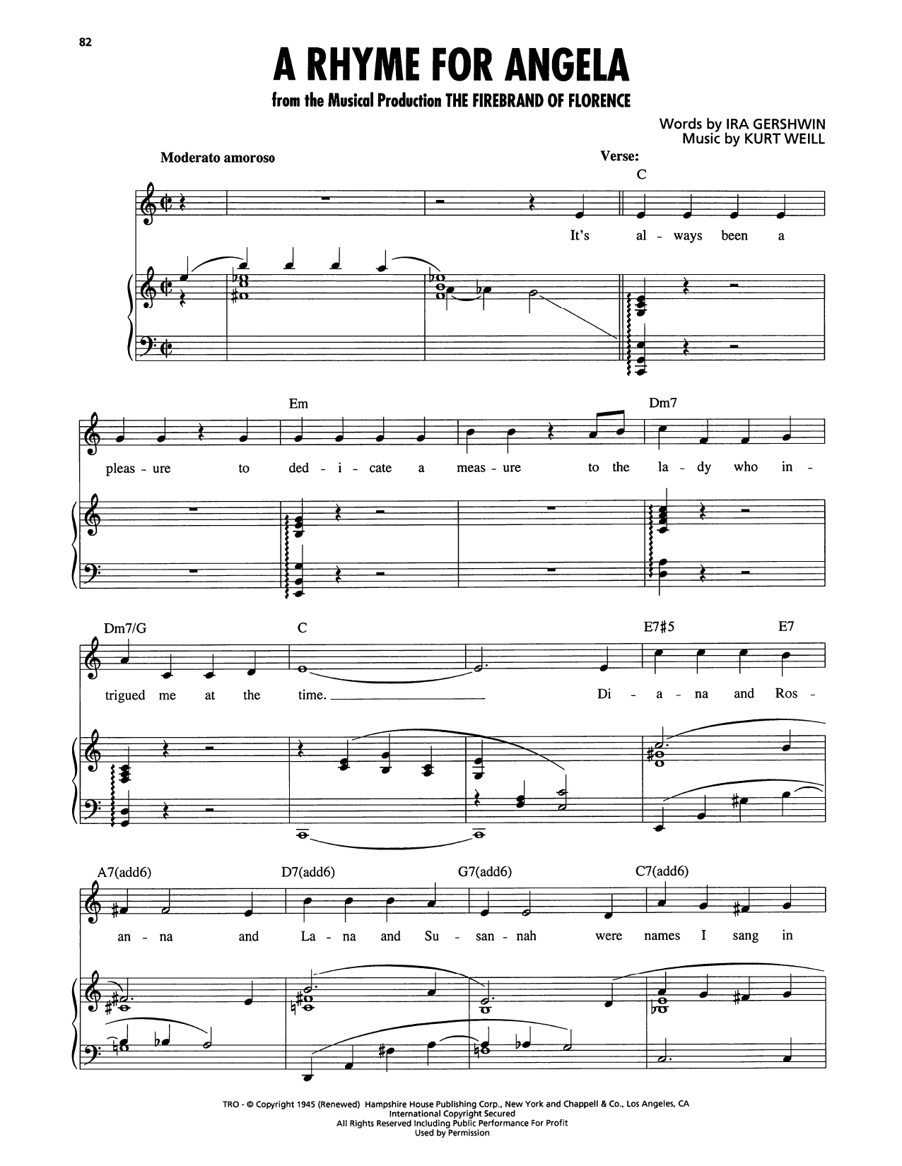 Download Kurt Weill A Rhyme For Angela (from The Firebrand of Florence) Sheet Music and learn how to play Piano, Vocal & Guitar Chords (Right-Hand Melody) PDF digital score in minutes