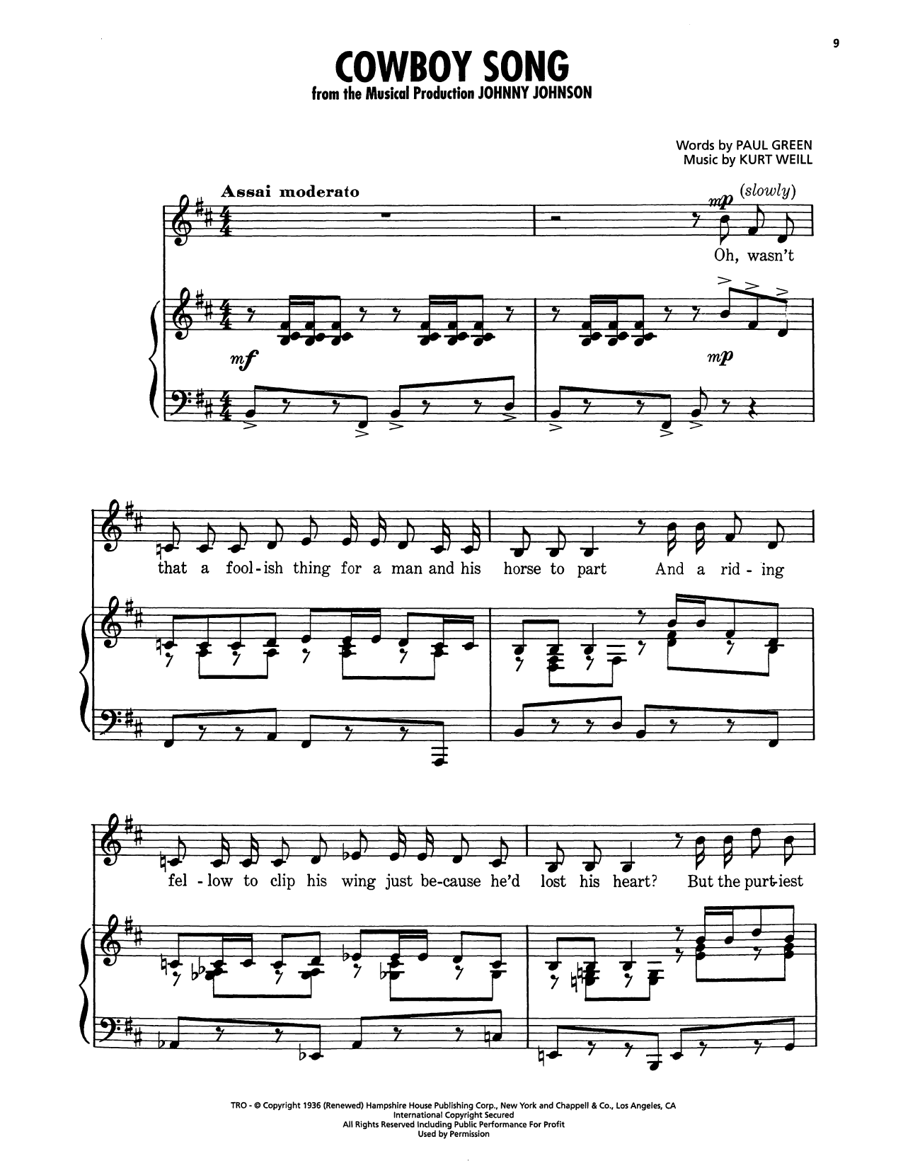Download Kurt Weill Cowboy Song (from Johnny Johnson) Sheet Music and learn how to play Piano, Vocal & Guitar Chords (Right-Hand Melody) PDF digital score in minutes