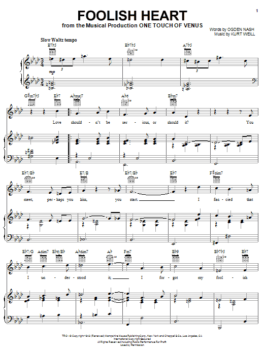 Download Kurt Weill Foolish Heart Sheet Music and learn how to play Piano, Vocal & Guitar (Right-Hand Melody) PDF digital score in minutes
