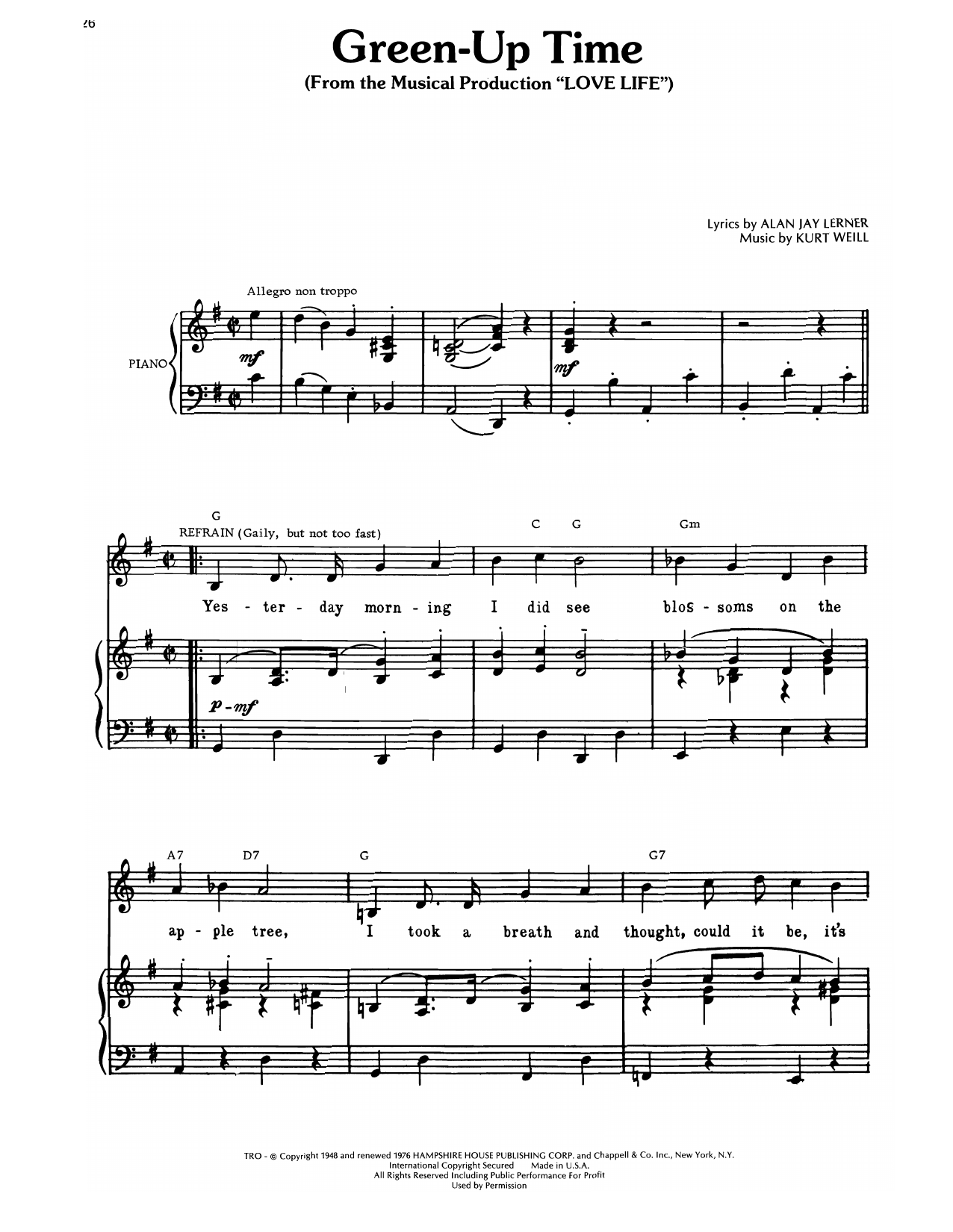 Download Kurt Weill Green-Up Time (from Love Life) Sheet Music and learn how to play Piano, Vocal & Guitar Chords (Right-Hand Melody) PDF digital score in minutes
