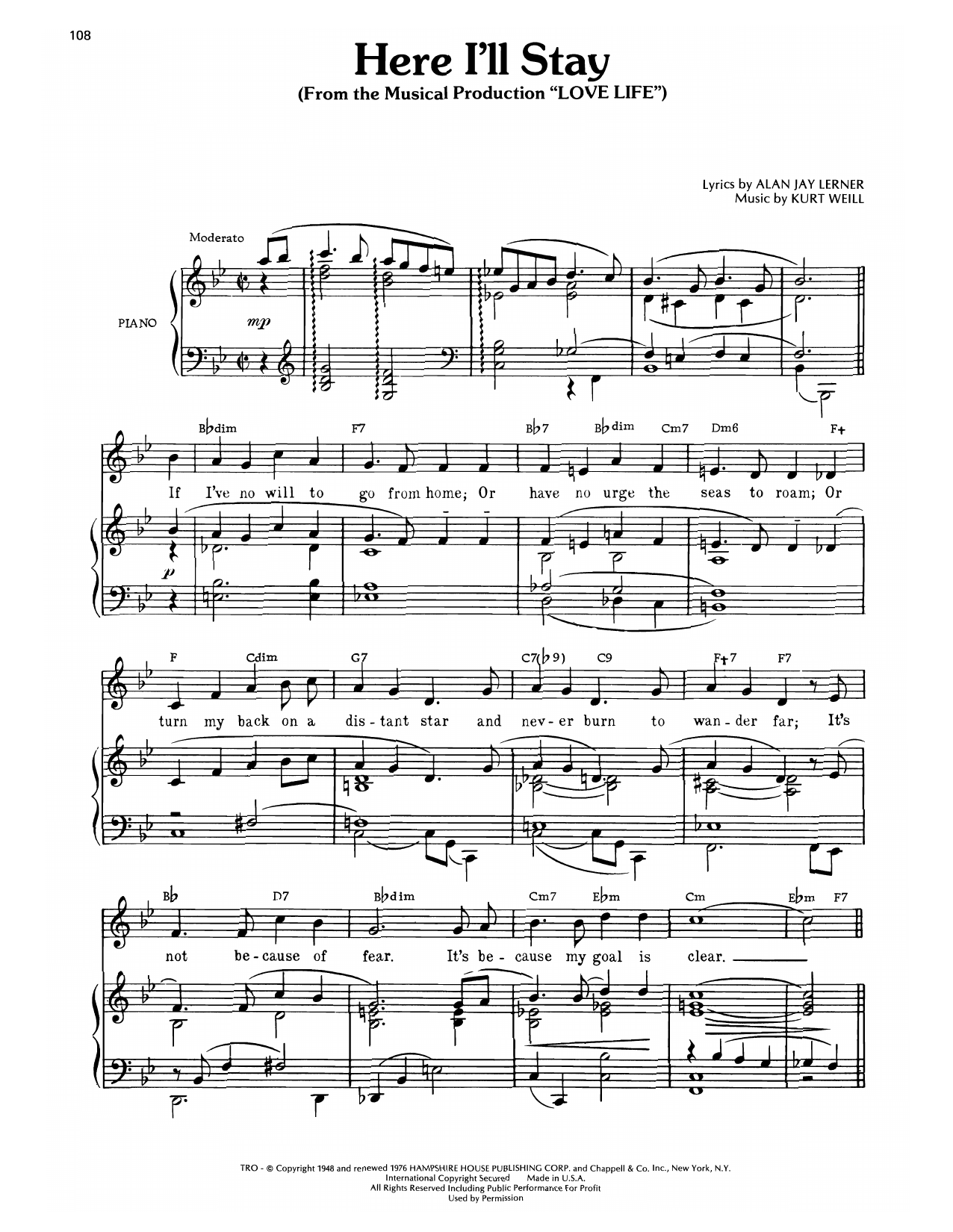 Download Kurt Weill Here I'll Stay (from Love Life) Sheet Music and learn how to play Piano, Vocal & Guitar Chords (Right-Hand Melody) PDF digital score in minutes