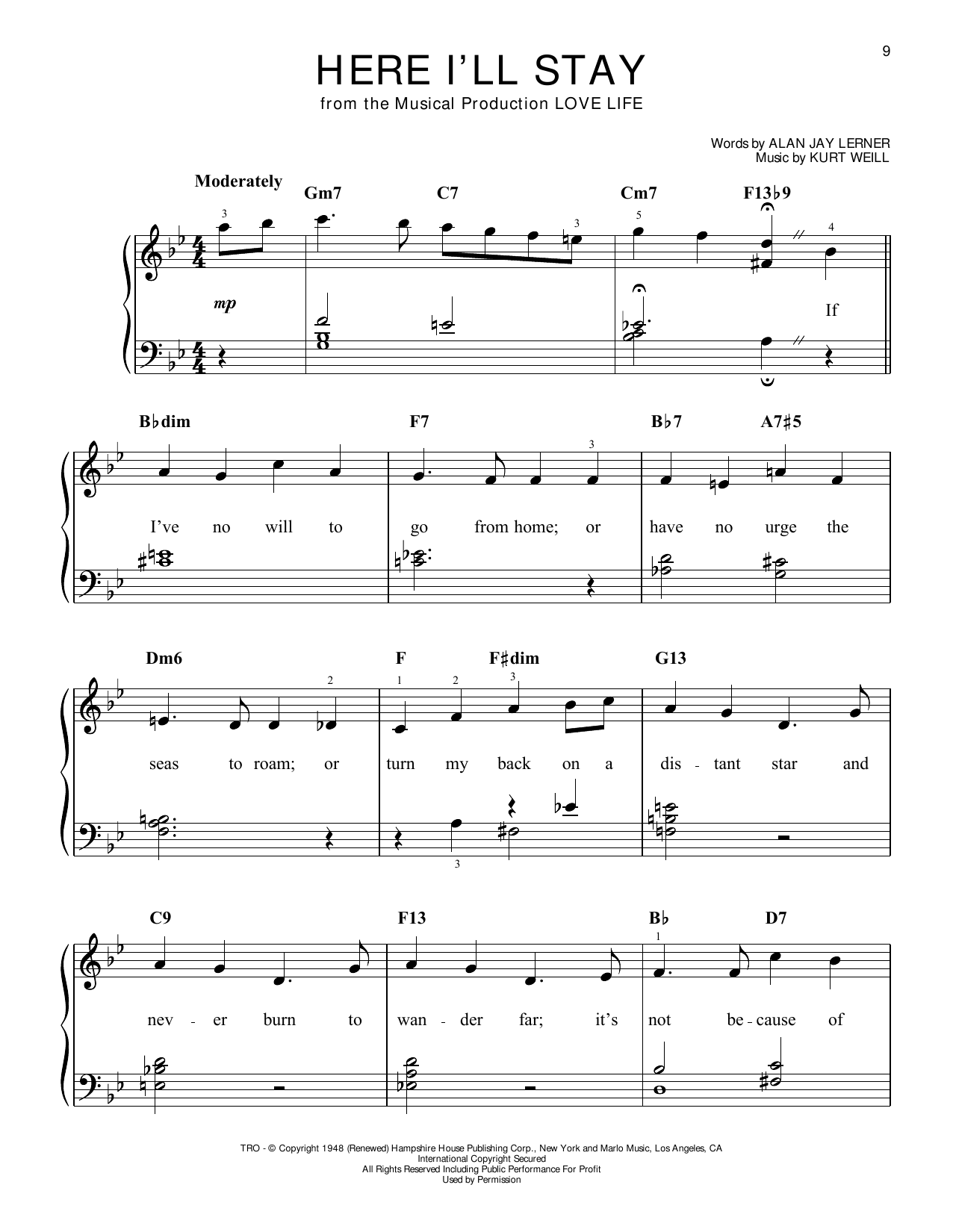 Download Kurt Weill Here I'll Stay Sheet Music and learn how to play Easy Piano PDF digital score in minutes