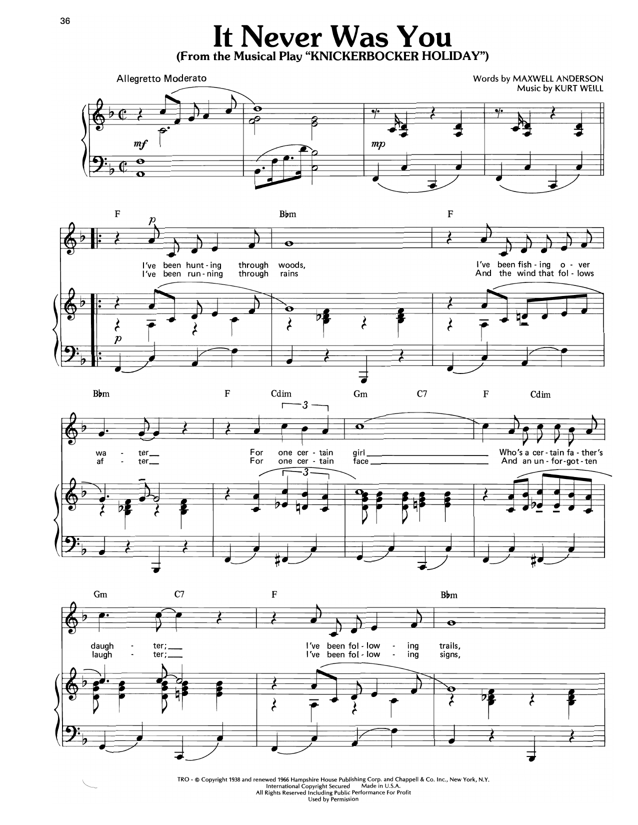 Download Kurt Weill It Never Was You (from Knickerbocker Holiday) Sheet Music and learn how to play Piano, Vocal & Guitar Chords (Right-Hand Melody) PDF digital score in minutes