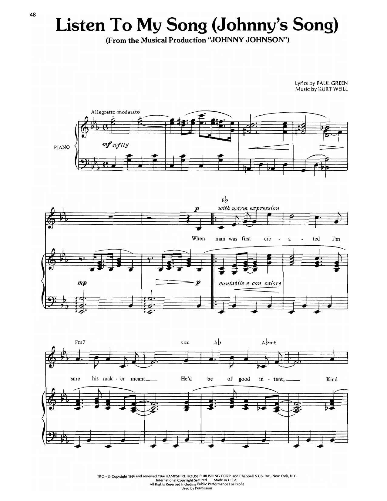 Download Kurt Weill Listen To My Song (from Johnny Johnson) Sheet Music and learn how to play Piano, Vocal & Guitar Chords (Right-Hand Melody) PDF digital score in minutes