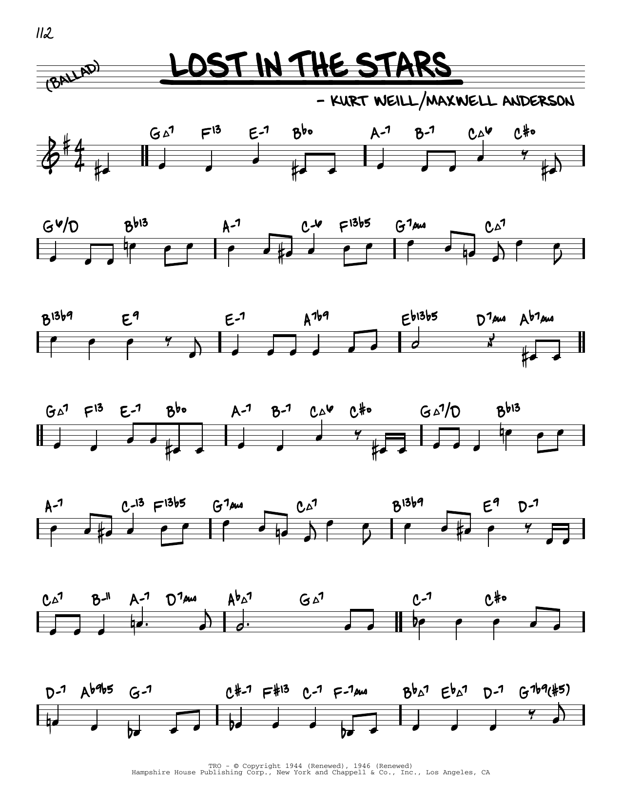 Download Kurt Weill Lost In The Stars (arr. David Hazeltine) Sheet Music and learn how to play Real Book – Enhanced Chords PDF digital score in minutes