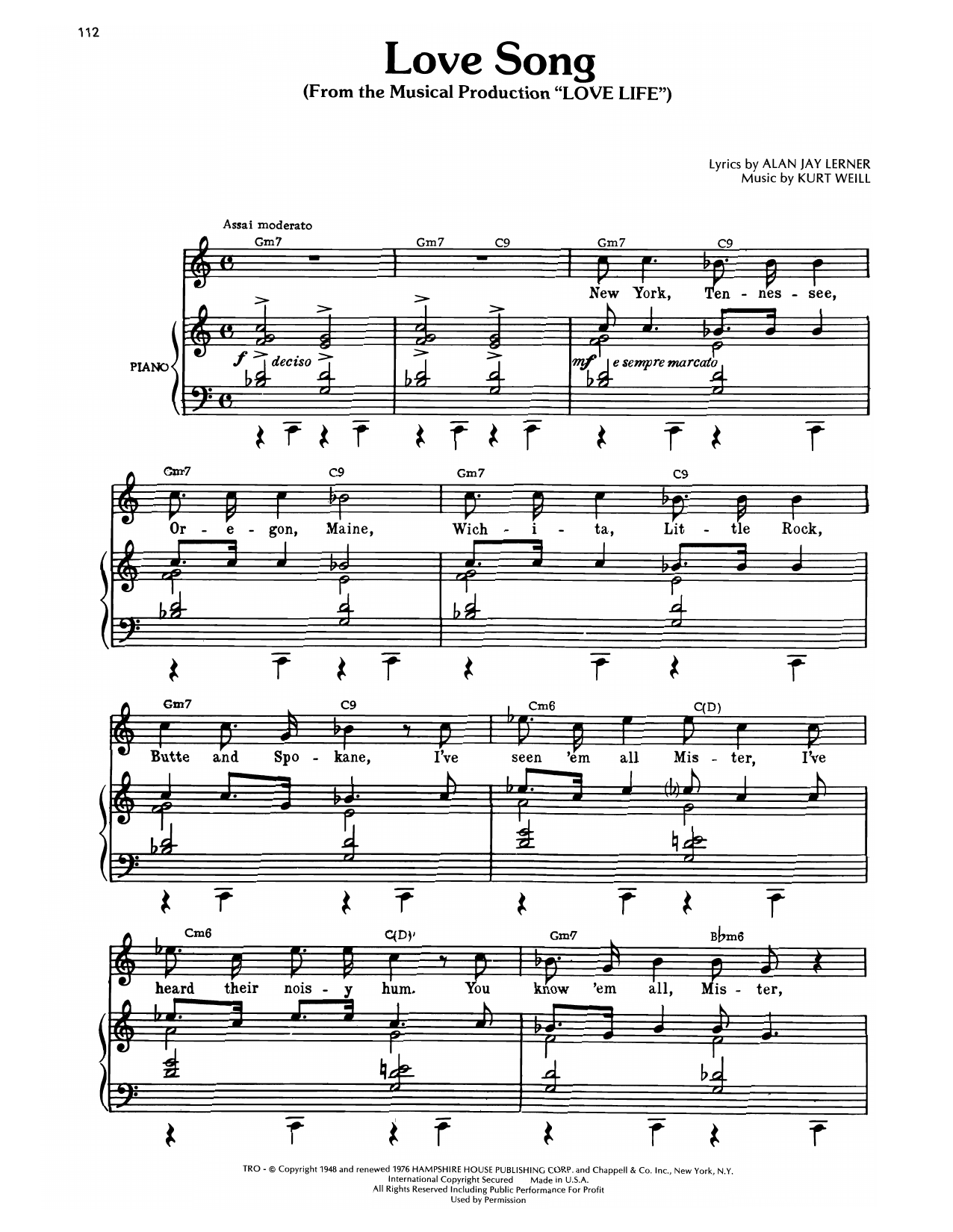 Download Kurt Weill Love Song, A (from Love Life) Sheet Music and learn how to play Piano, Vocal & Guitar Chords (Right-Hand Melody) PDF digital score in minutes
