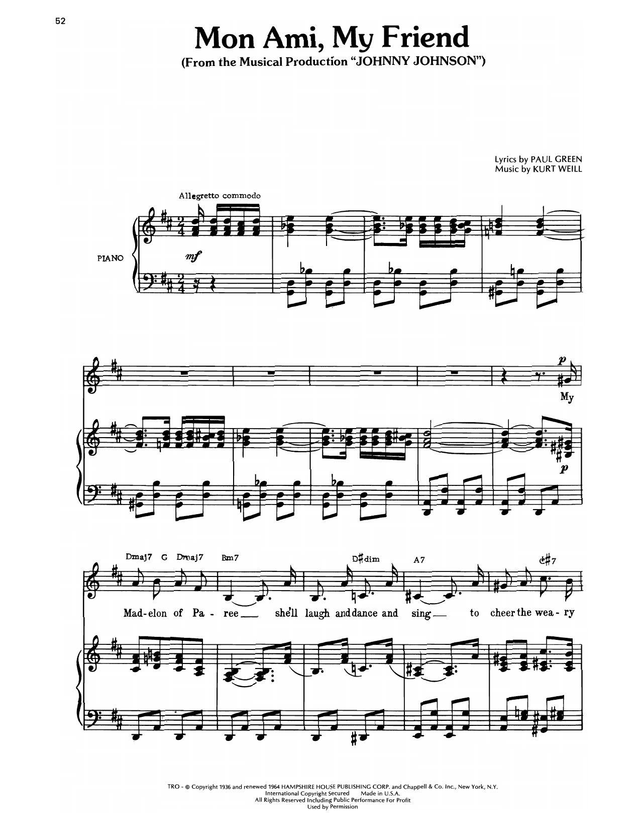 Download Kurt Weill Mon Ami, My Friend (from Johnny Johnson) Sheet Music and learn how to play Piano, Vocal & Guitar Chords (Right-Hand Melody) PDF digital score in minutes