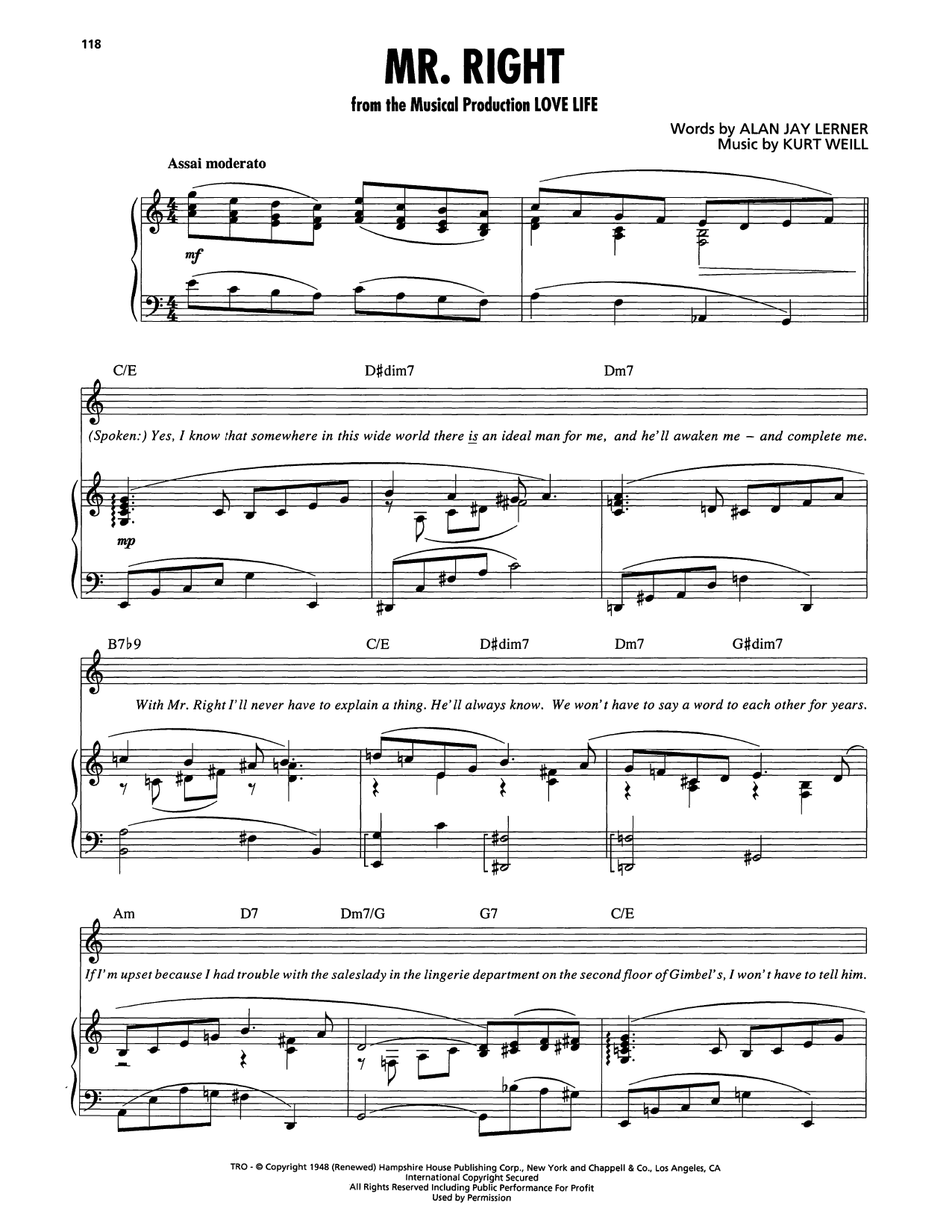 Download Kurt Weill Mr. Right (from Love Life) Sheet Music and learn how to play Piano, Vocal & Guitar Chords (Right-Hand Melody) PDF digital score in minutes