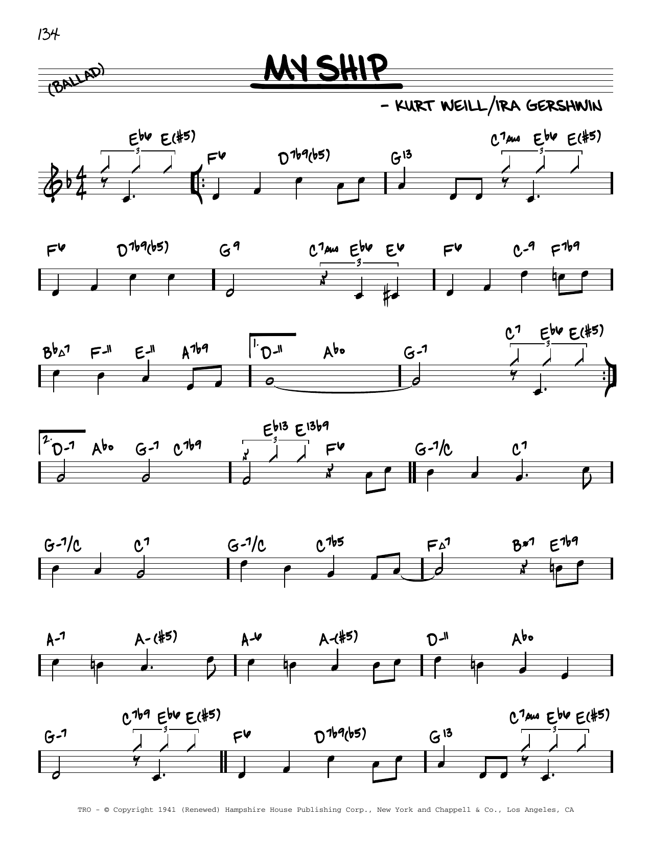 Download Kurt Weill My Ship (arr. David Hazeltine) Sheet Music and learn how to play Real Book – Enhanced Chords PDF digital score in minutes