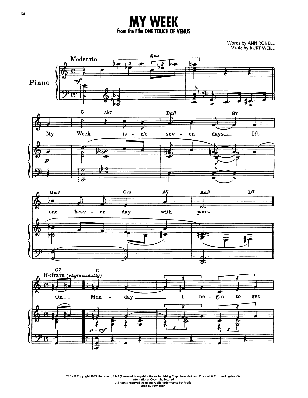 Download Kurt Weill My Week (from One Touch Of Venus) Sheet Music and learn how to play Piano, Vocal & Guitar Chords (Right-Hand Melody) PDF digital score in minutes