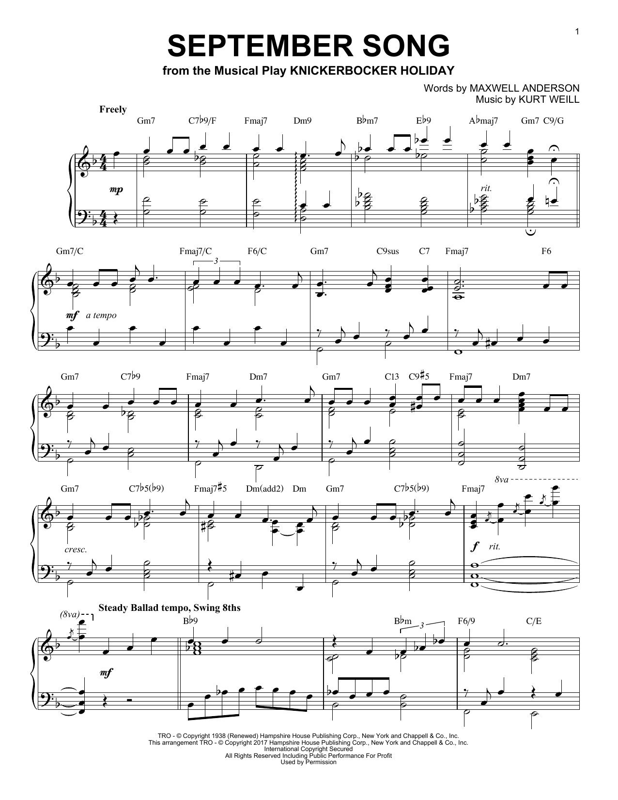 Download Kurt Weill September Song Sheet Music and learn how to play Piano PDF digital score in minutes
