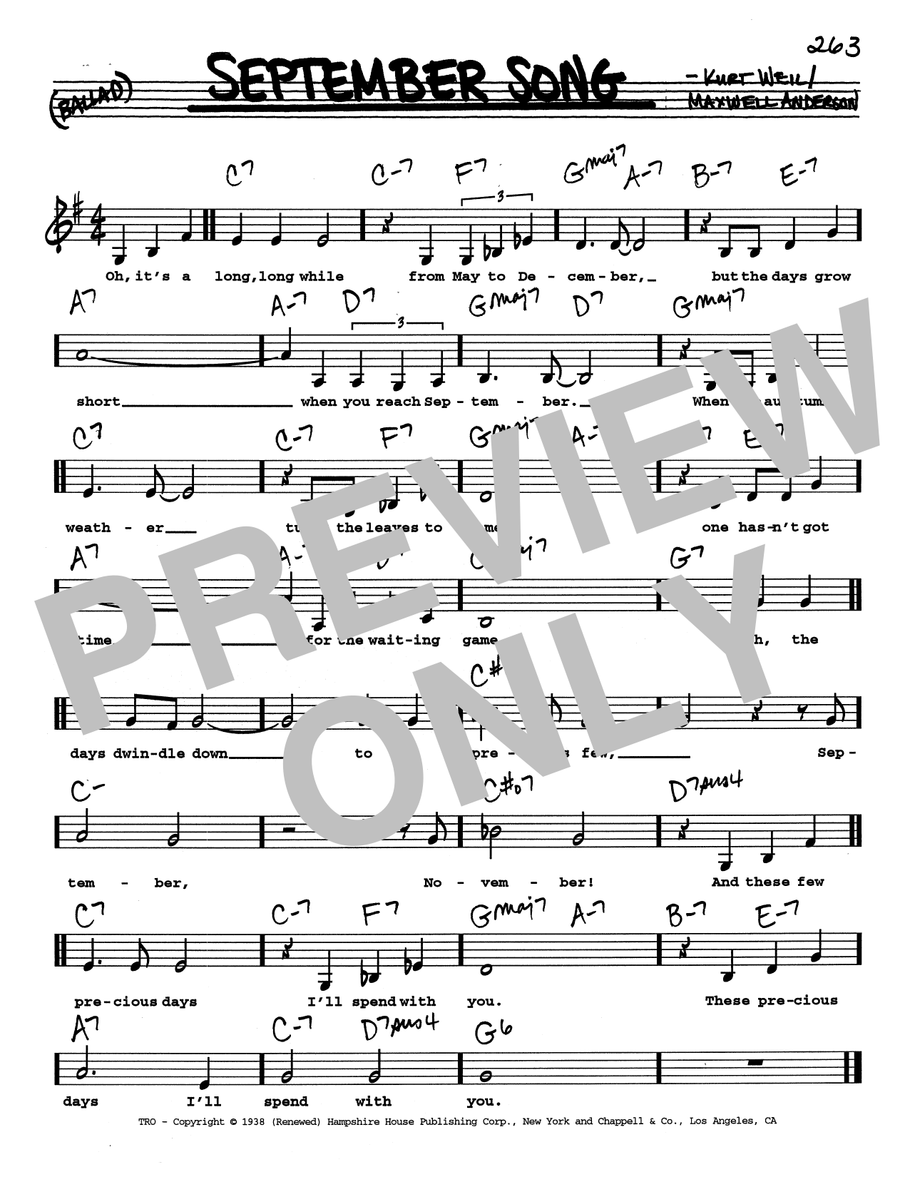 Download Kurt Weill September Song (Low Voice) Sheet Music and learn how to play Real Book – Melody, Lyrics & Chords PDF digital score in minutes