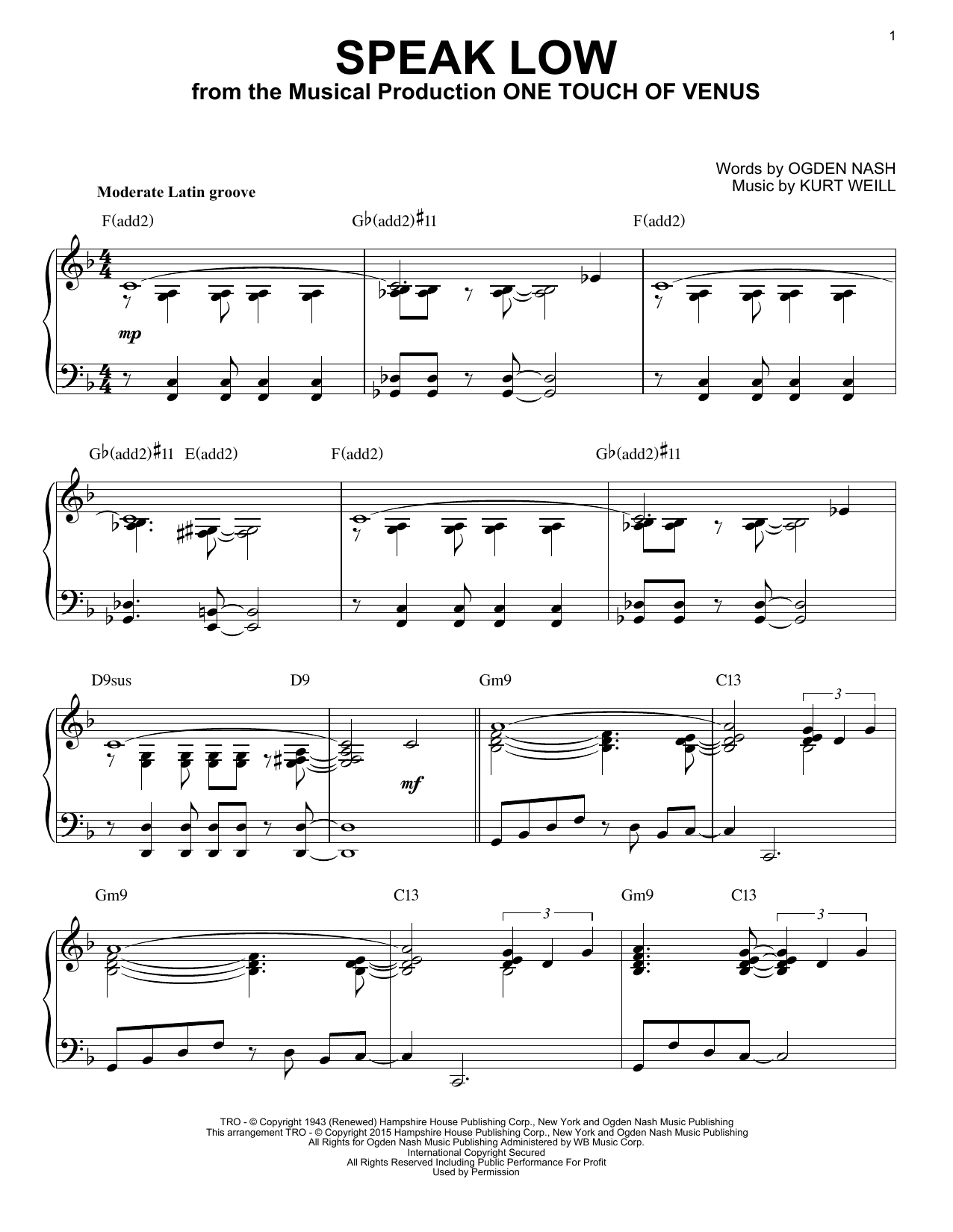Download Kurt Weill Speak Low Sheet Music and learn how to play Piano PDF digital score in minutes