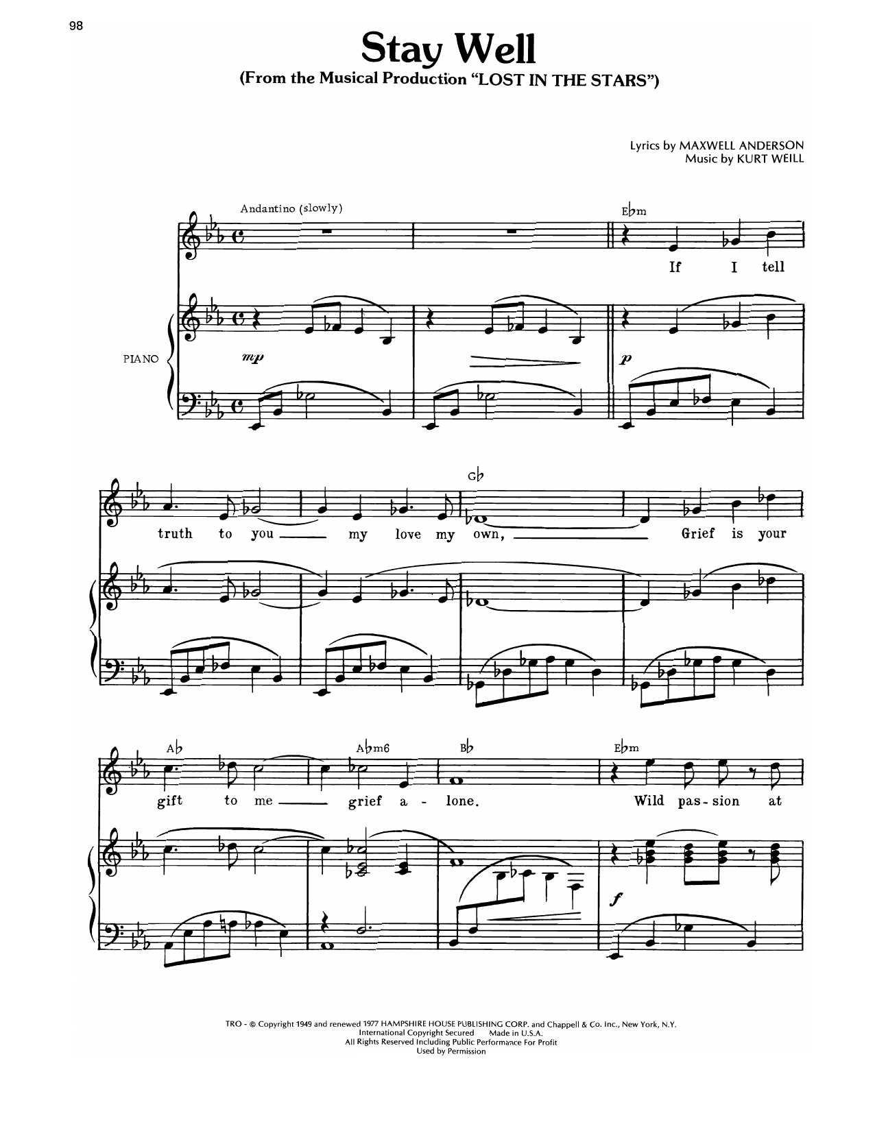 Download Kurt Weill Stay Well (from Lost In The Stars) Sheet Music and learn how to play Piano, Vocal & Guitar Chords (Right-Hand Melody) PDF digital score in minutes