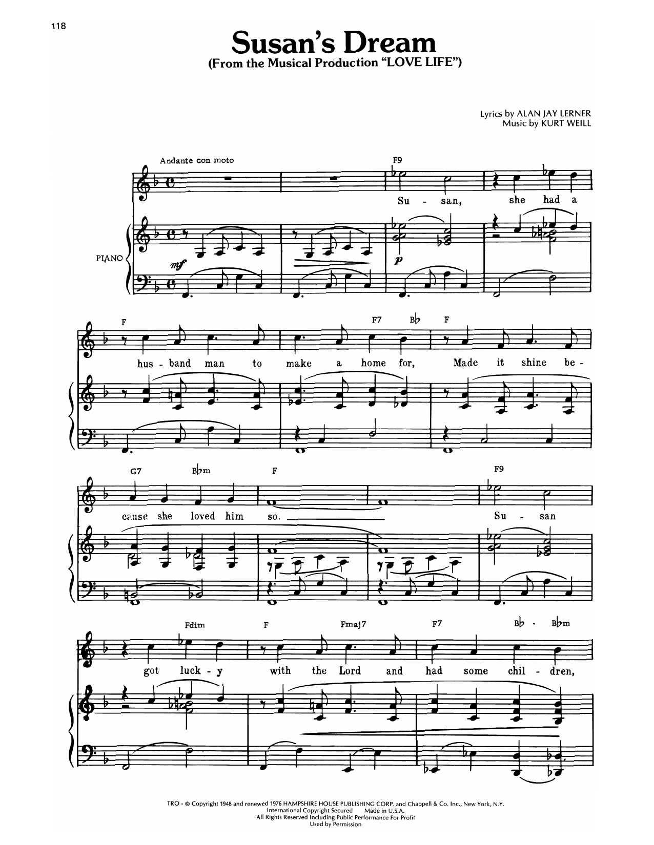 Download Kurt Weill Susan's Dream (from Love Life) Sheet Music and learn how to play Piano, Vocal & Guitar Chords (Right-Hand Melody) PDF digital score in minutes