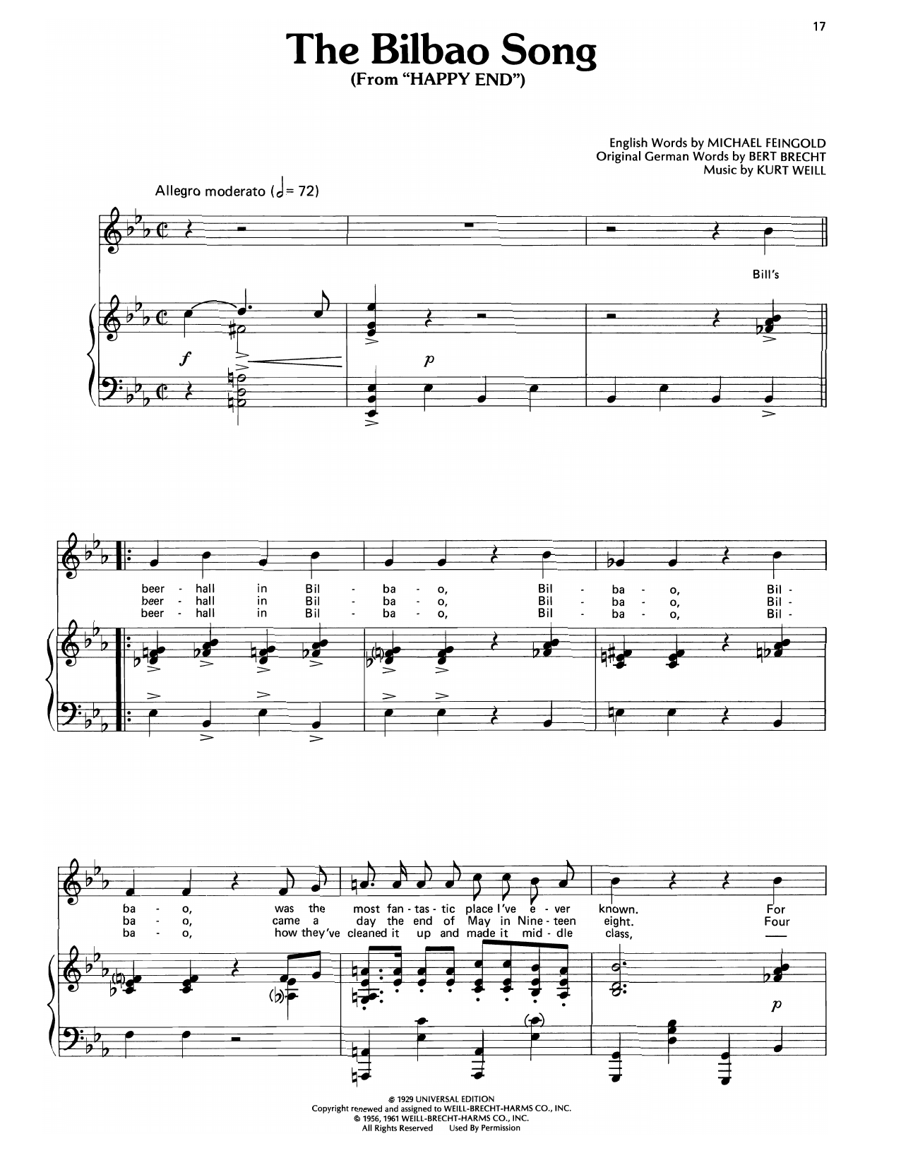 Download Kurt Weill The Bilbao Song (from Happy End) Sheet Music and learn how to play Piano, Vocal & Guitar Chords (Right-Hand Melody) PDF digital score in minutes