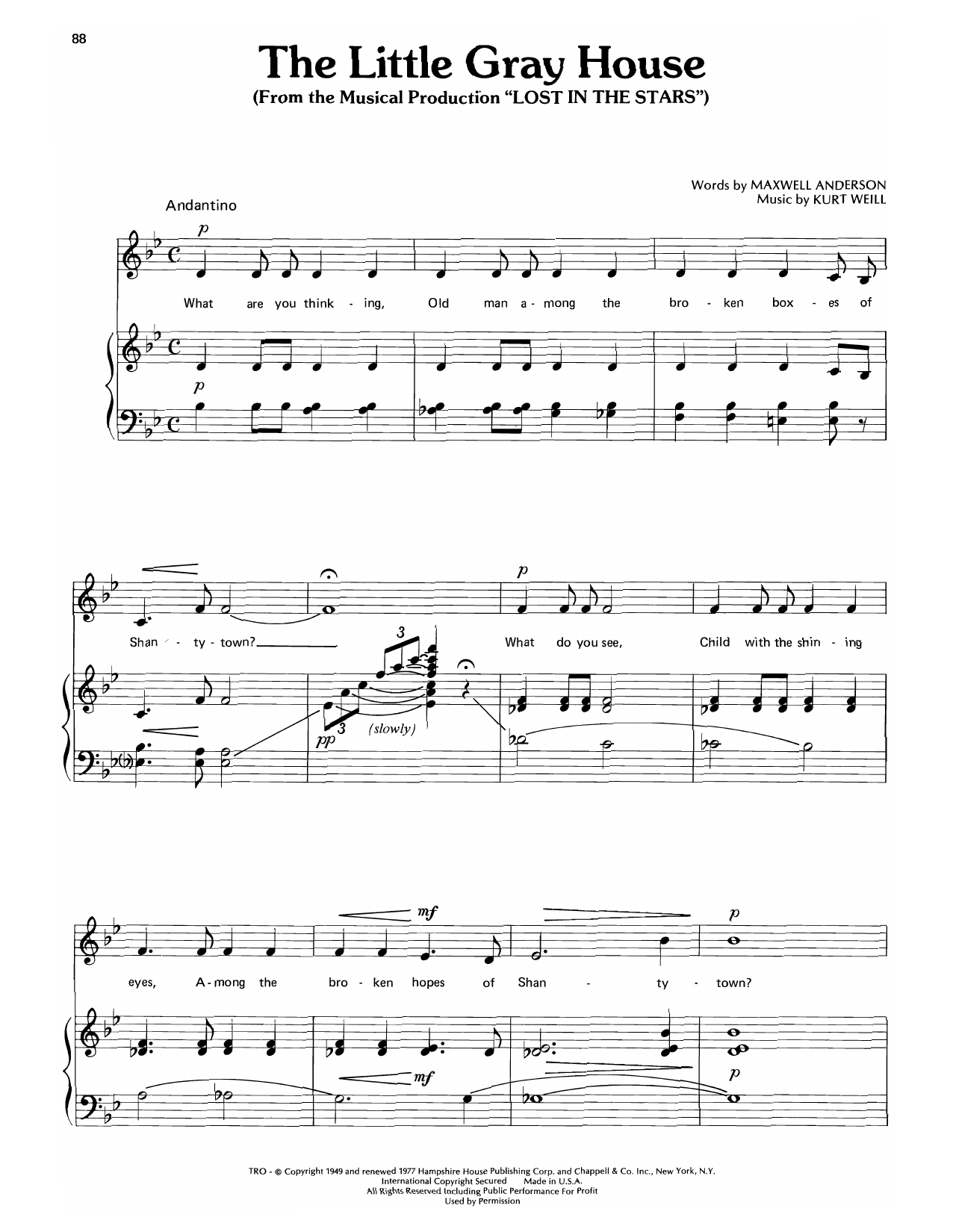 Download Kurt Weill The Little Gray House (from Lost In The Stars) Sheet Music and learn how to play Piano, Vocal & Guitar Chords (Right-Hand Melody) PDF digital score in minutes