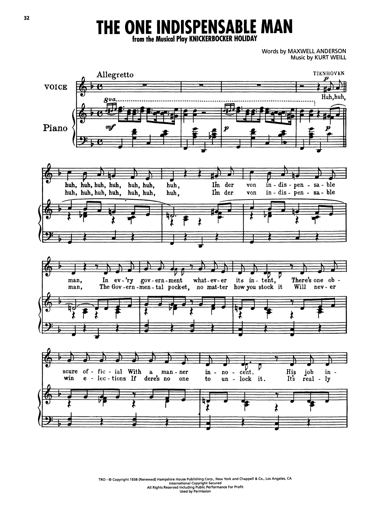 Download Kurt Weill The One Indispensable Man (from Knickerbocker Holiday) Sheet Music and learn how to play Piano, Vocal & Guitar Chords (Right-Hand Melody) PDF digital score in minutes