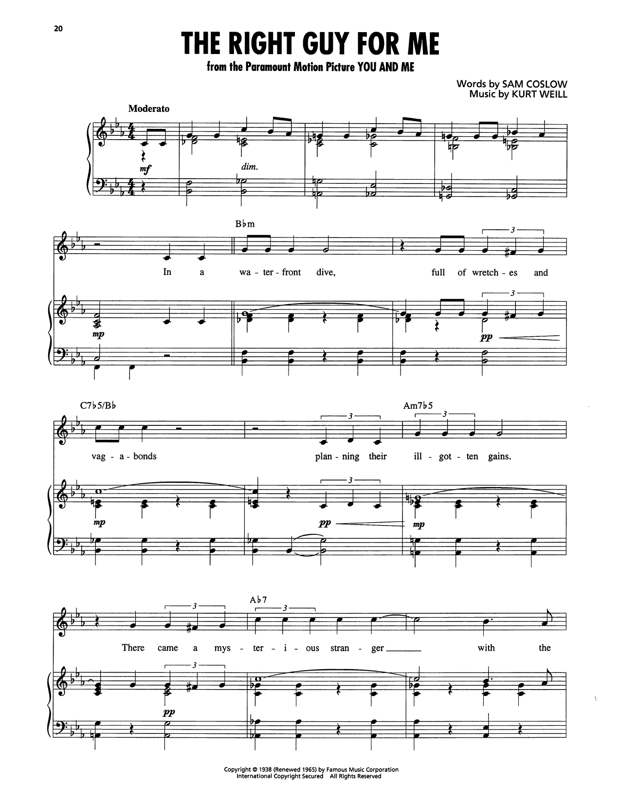 Download Kurt Weill The Right Guy For Me (from You And Me) Sheet Music and learn how to play Piano, Vocal & Guitar Chords (Right-Hand Melody) PDF digital score in minutes