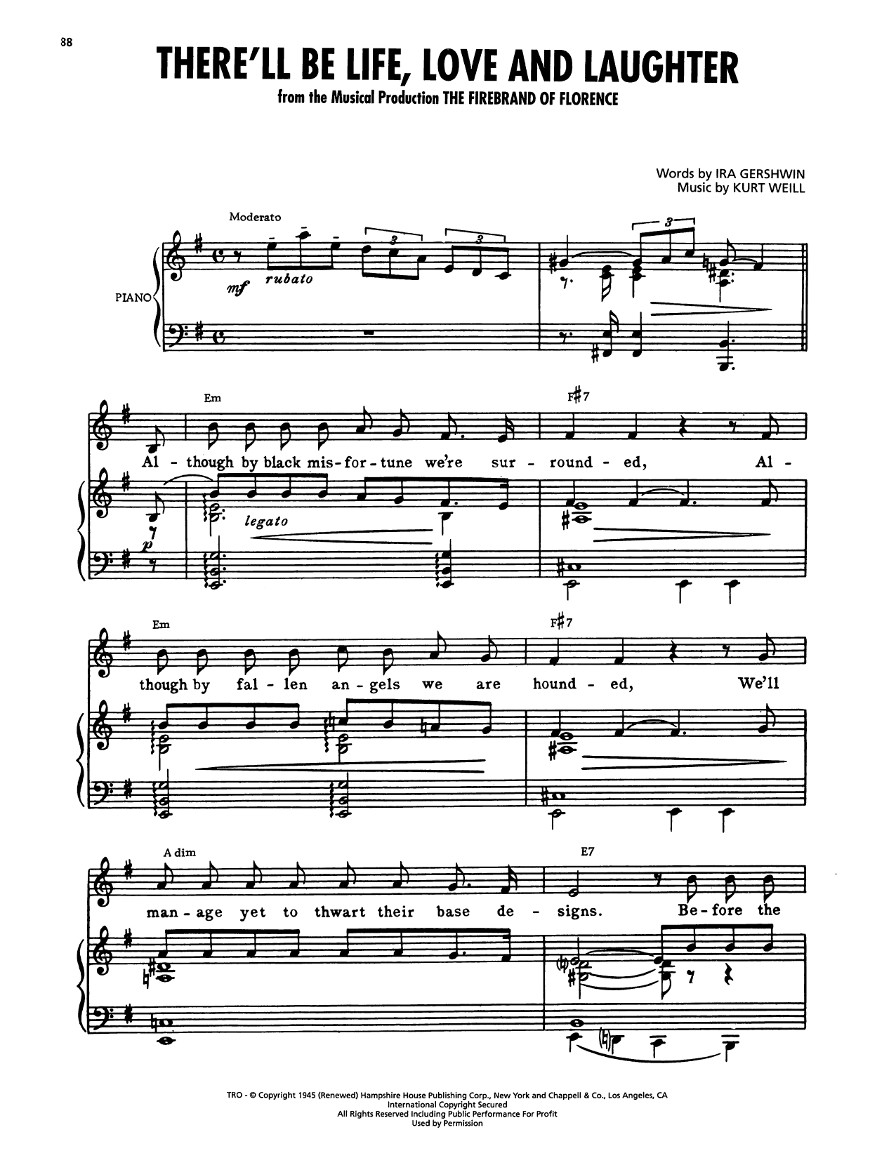 Download Kurt Weill There'll Be Life, Love And Laughter (from The Firebrand Of Florence) Sheet Music and learn how to play Piano, Vocal & Guitar Chords (Right-Hand Melody) PDF digital score in minutes