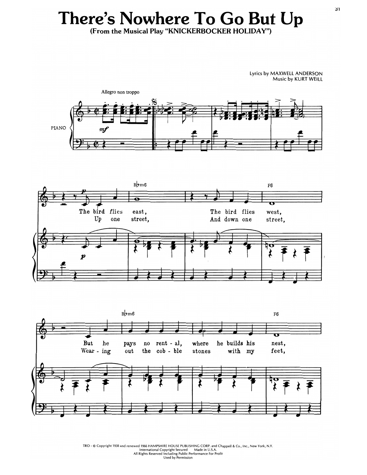 Download Kurt Weill There's Nowhere To Go But Up (from Knickerbocker Holiday) Sheet Music and learn how to play Piano, Vocal & Guitar Chords (Right-Hand Melody) PDF digital score in minutes