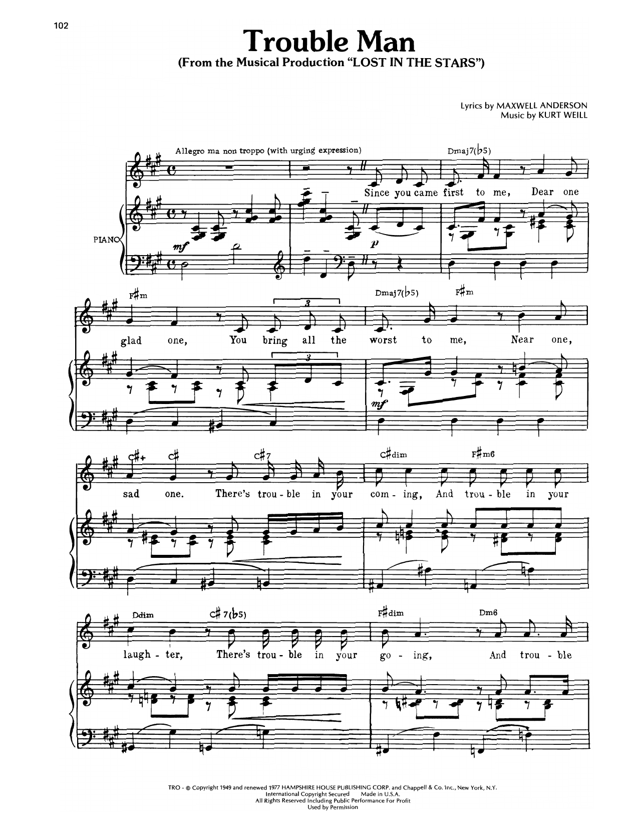Download Kurt Weill Trouble Man (from Lost In The Stars) Sheet Music and learn how to play Piano, Vocal & Guitar Chords (Right-Hand Melody) PDF digital score in minutes
