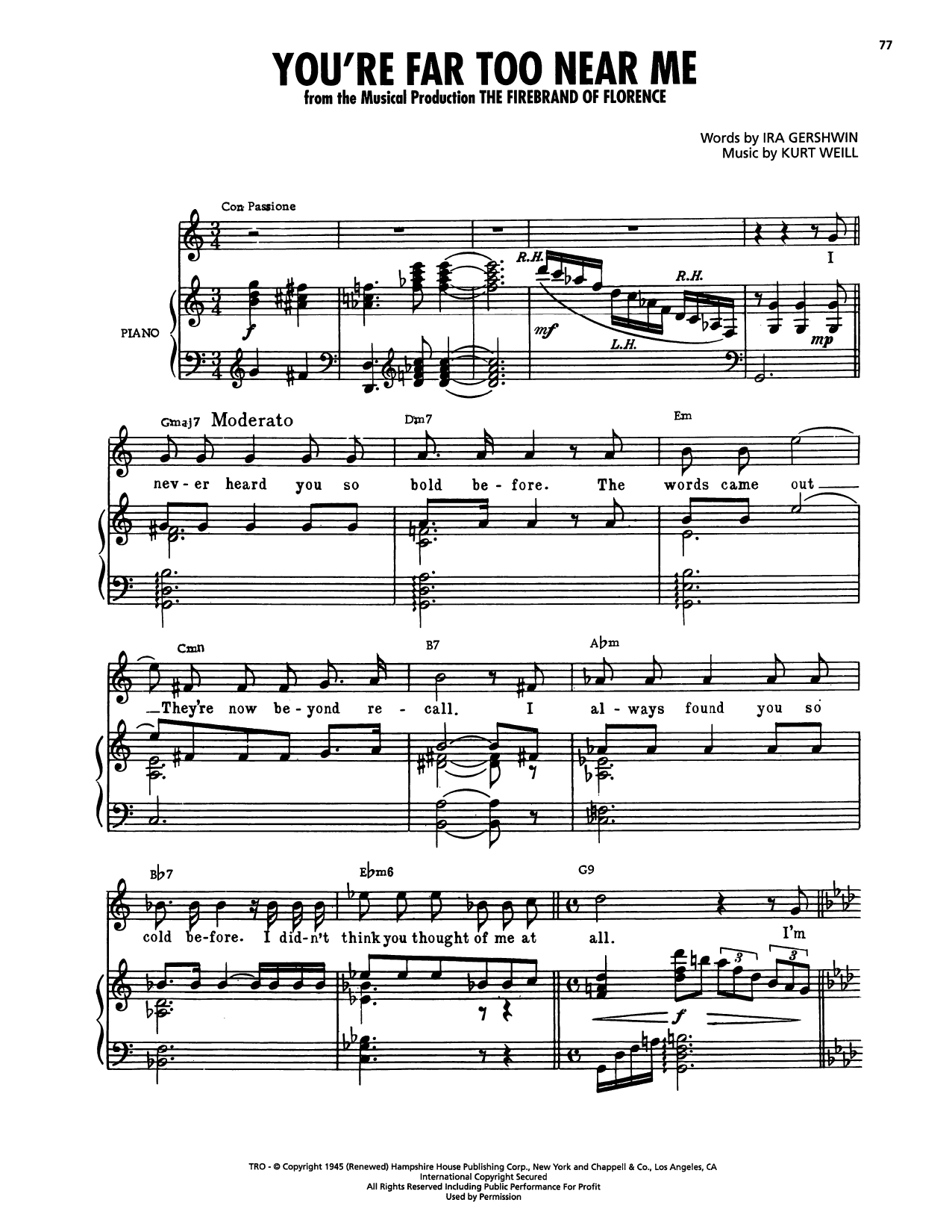 Download Kurt Weill You're Far Too Near Me (from The Firebrand Of Florence) Sheet Music and learn how to play Piano, Vocal & Guitar Chords (Right-Hand Melody) PDF digital score in minutes