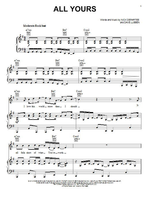 Download Kutless All Yours Sheet Music and learn how to play Piano, Vocal & Guitar (Right-Hand Melody) PDF digital score in minutes