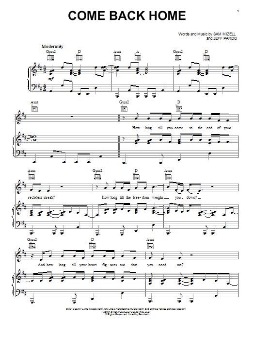 Download Kutless Come Back Home Sheet Music and learn how to play Piano, Vocal & Guitar (Right-Hand Melody) PDF digital score in minutes