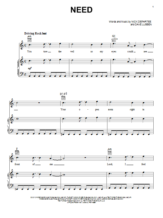 Download Kutless Need Sheet Music and learn how to play Piano, Vocal & Guitar (Right-Hand Melody) PDF digital score in minutes