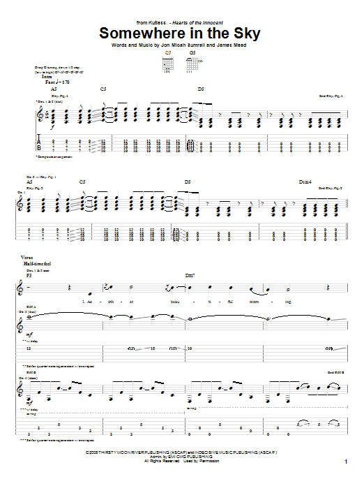 Download Kutless Somewhere In The Sky Sheet Music and learn how to play Guitar Tab PDF digital score in minutes