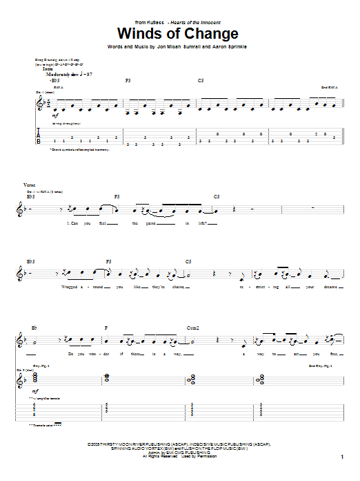 Download Kutless Winds Of Change Sheet Music and learn how to play Guitar Tab PDF digital score in minutes