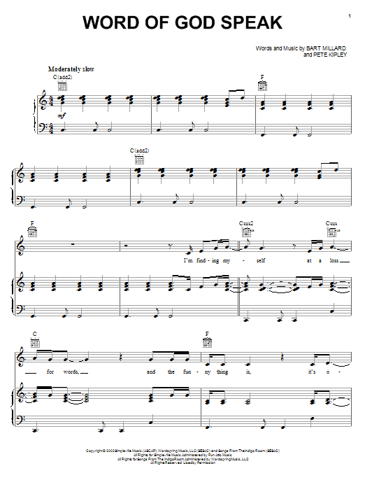 Download Kutless Word Of God Speak Sheet Music and learn how to play Piano, Vocal & Guitar (Right-Hand Melody) PDF digital score in minutes