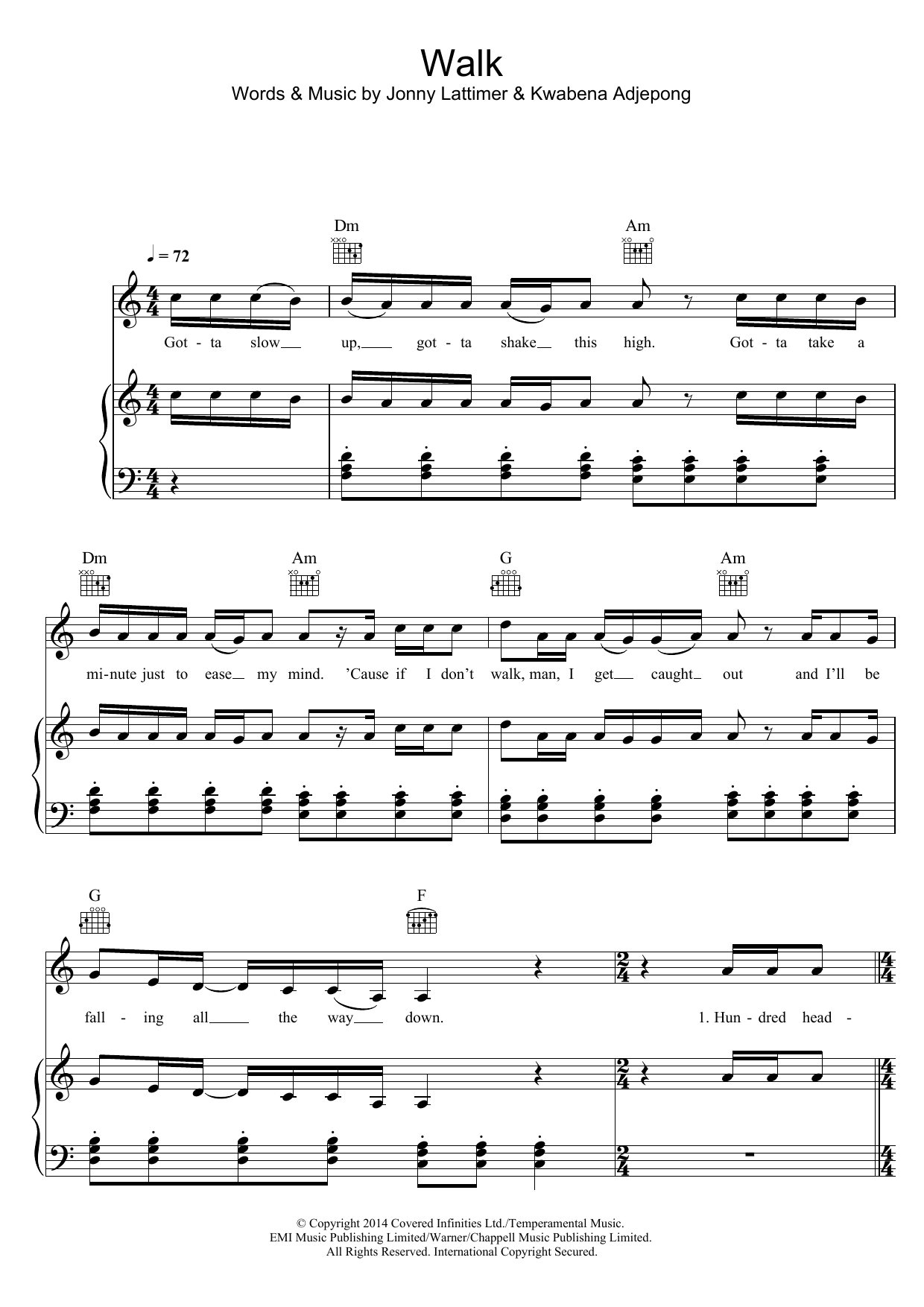 Download Kwabs Walk Sheet Music and learn how to play Piano, Vocal & Guitar (Right-Hand Melody) PDF digital score in minutes