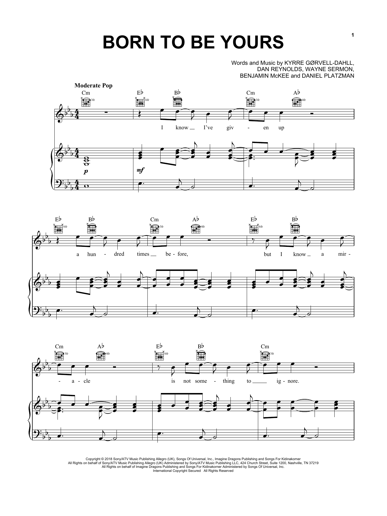 Download Kygo & Imagine Dragons Born To Be Yours Sheet Music and learn how to play Piano, Vocal & Guitar (Right-Hand Melody) PDF digital score in minutes