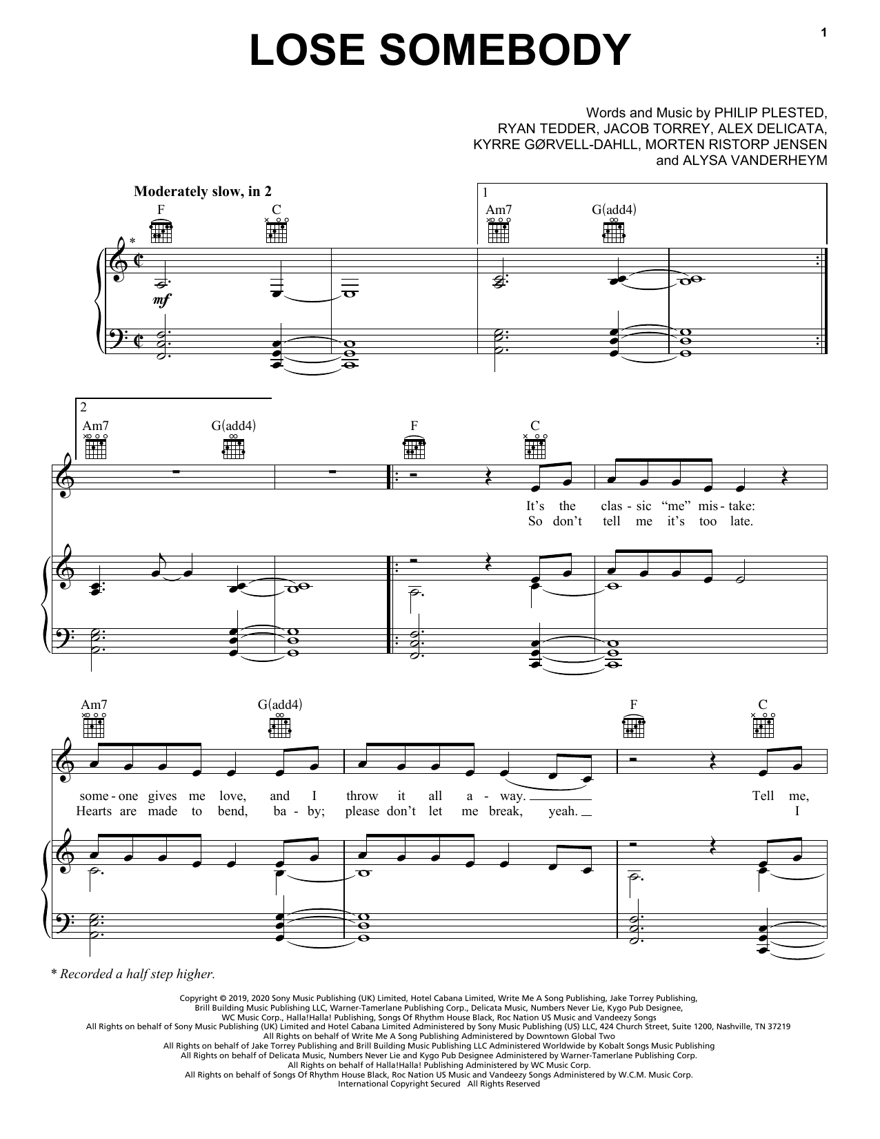 Download Kygo & OneRepublic Lose Somebody Sheet Music and learn how to play Piano, Vocal & Guitar Chords (Right-Hand Melody) PDF digital score in minutes