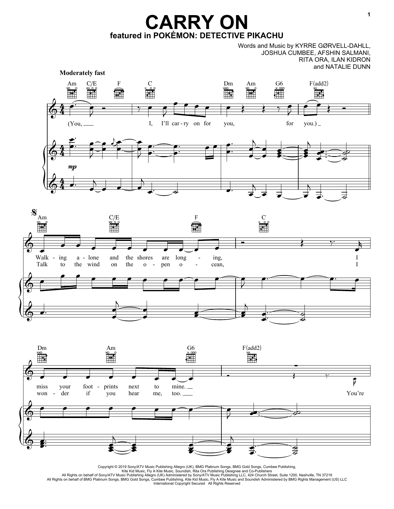 Download Kygo & Rita Ora Carry On (from Pokémon Detective Pikachu) Sheet Music and learn how to play Piano, Vocal & Guitar Chords (Right-Hand Melody) PDF digital score in minutes