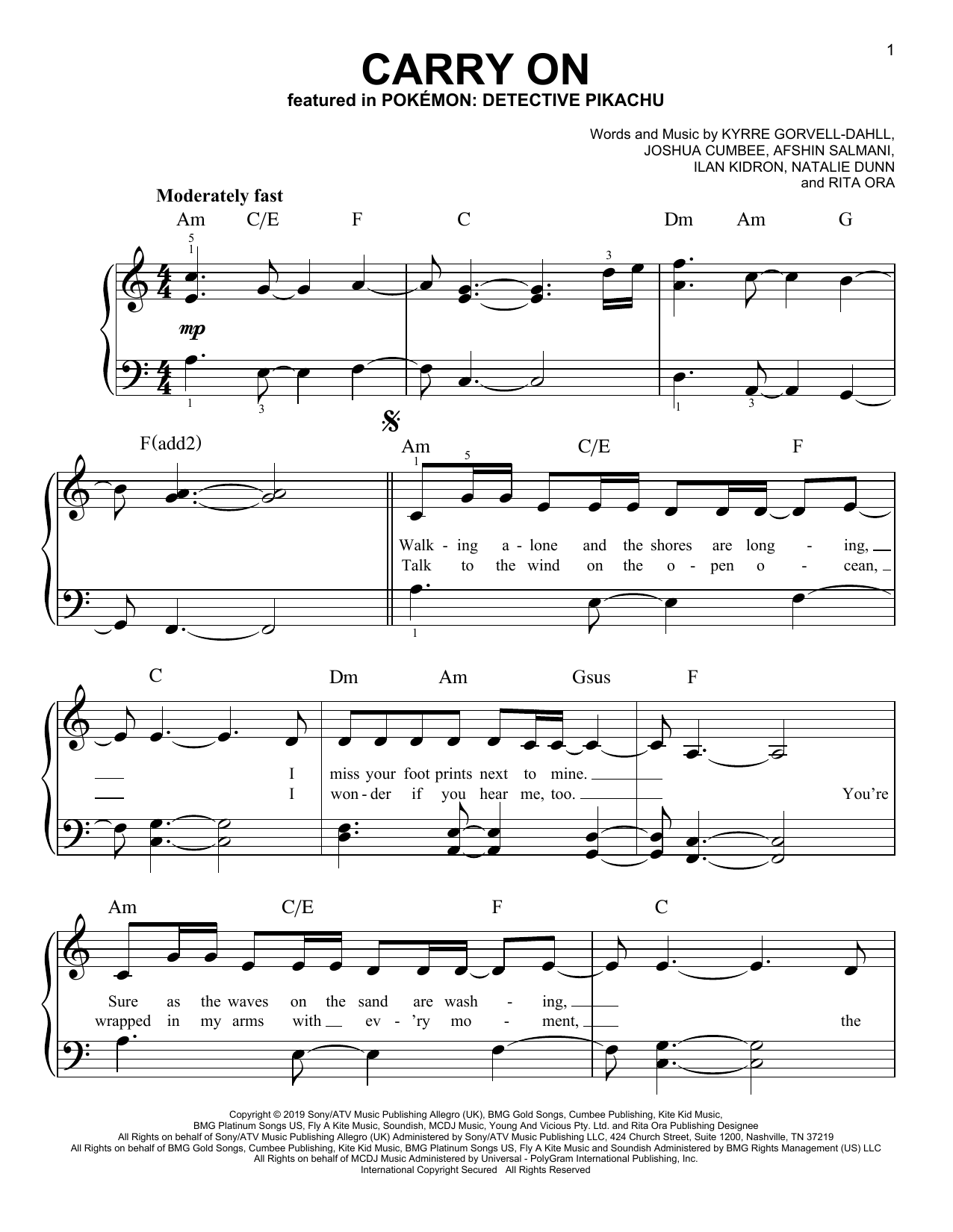 Download Kygo & Rita Ora Carry On (from Pokémon: Detective Pikachu) Sheet Music and learn how to play Easy Piano PDF digital score in minutes