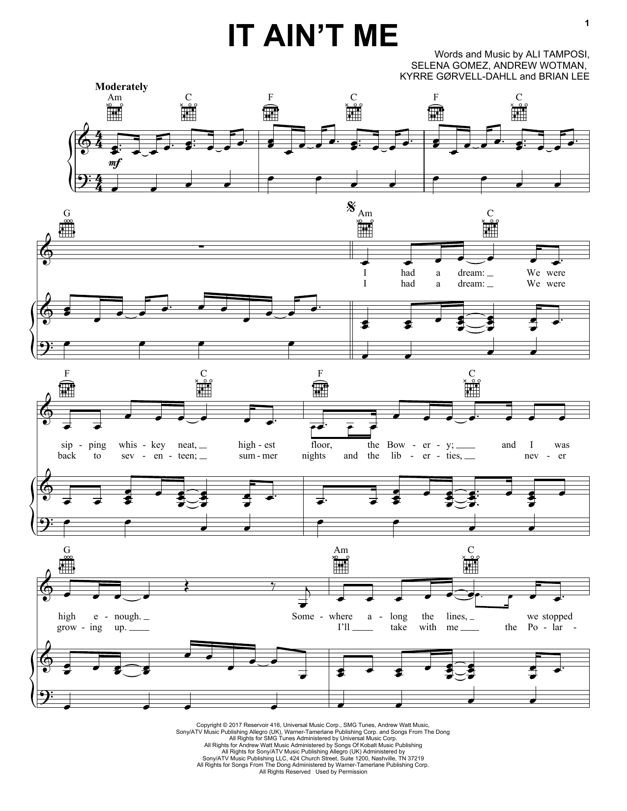 Download Kygo and Selena Gomez It Ain't Me Sheet Music and learn how to play Piano, Vocal & Guitar (Right-Hand Melody) PDF digital score in minutes