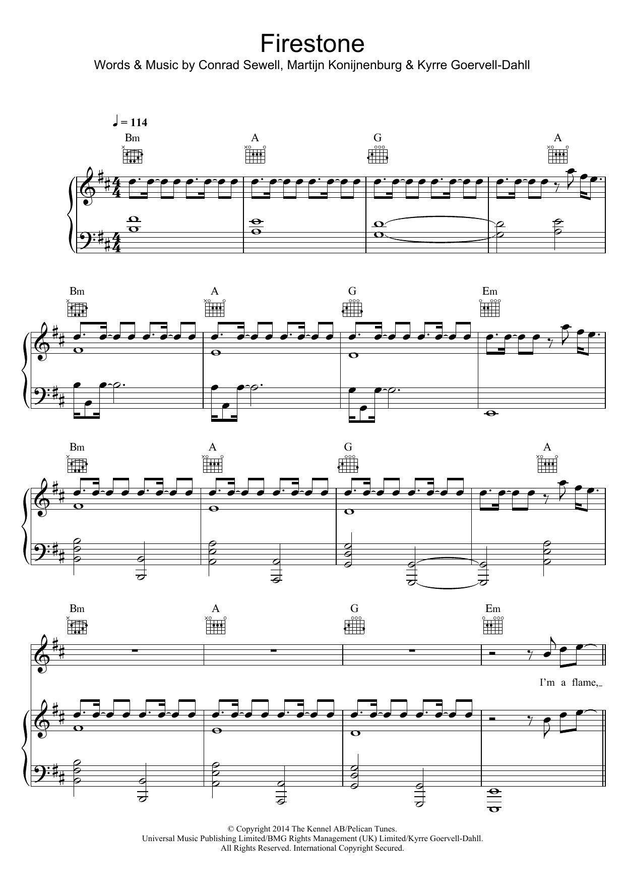 Download Kygo Firestone (feat. Conrad Sewell) Sheet Music and learn how to play Piano, Vocal & Guitar (Right-Hand Melody) PDF digital score in minutes