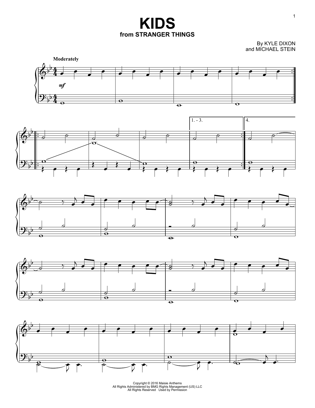 Download Kyle Dixon & Michael Stein Kids (from Stranger Things) Sheet Music and learn how to play Piano Solo PDF digital score in minutes