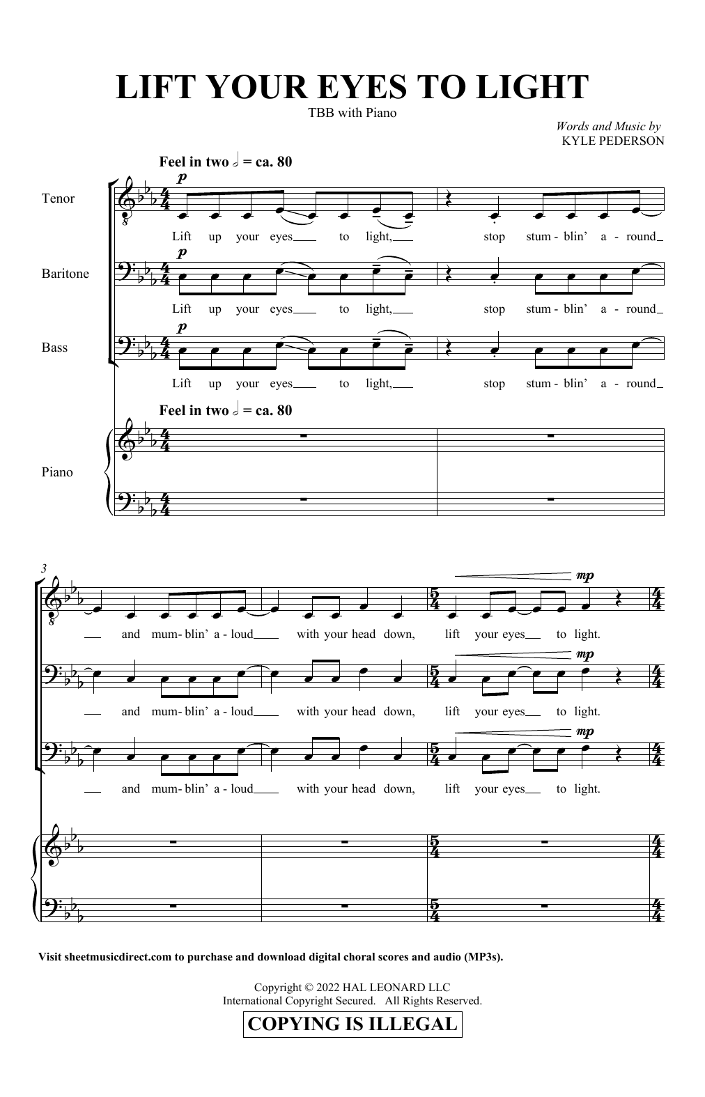Download Kyle Pederson Lift Your Eyes To Light Sheet Music and learn how to play TBB Choir PDF digital score in minutes