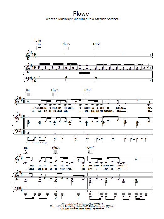 Download Kylie Minogue Flower Sheet Music and learn how to play Piano, Vocal & Guitar (Right-Hand Melody) PDF digital score in minutes