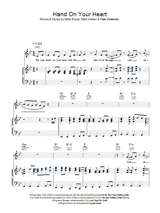 Download Kylie Minogue Hand On Your Heart Sheet Music and learn how to play Piano, Vocal & Guitar PDF digital score in minutes