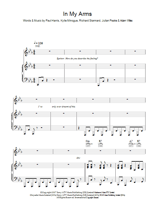 Download Kylie Minogue In My Arms Sheet Music and learn how to play Piano, Vocal & Guitar PDF digital score in minutes